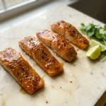Hot honey glazed salmon fillets with chili flakes and sesame seeds