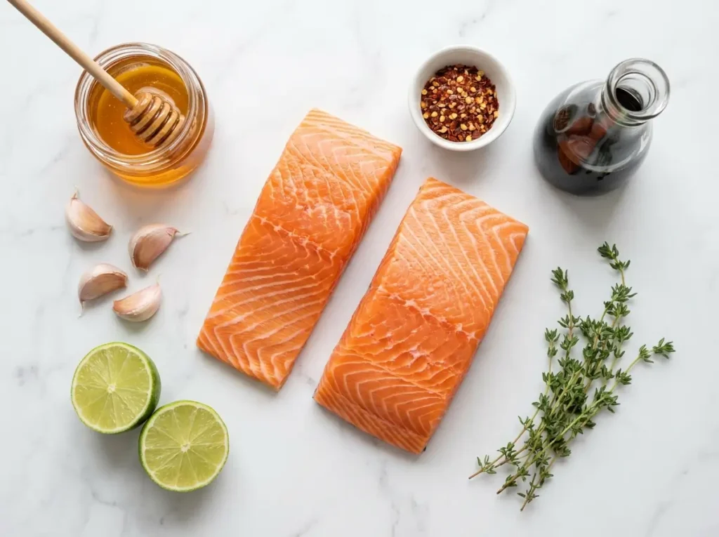 Ingredients for hot honey salmon laid out on white marble
