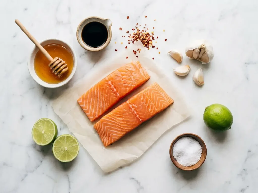 Ingredients for hot honey salmon laid out on white marble