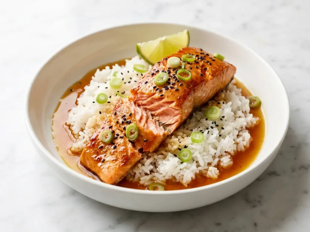 Hot honey salmon plated over coconut rice with scallions