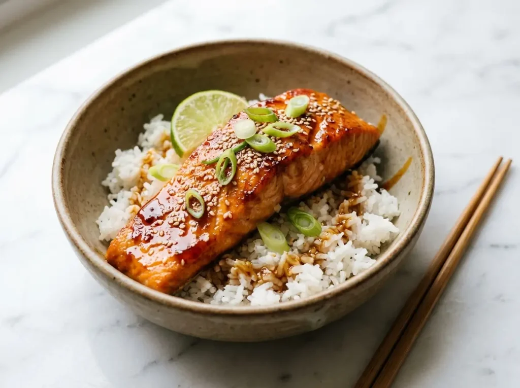 Hot honey salmon plated over coconut rice with scallions