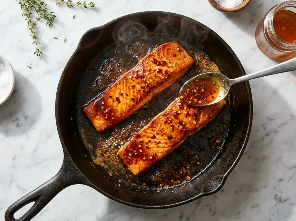 Salmon being basted with hot honey glaze in cast-iron skillet
