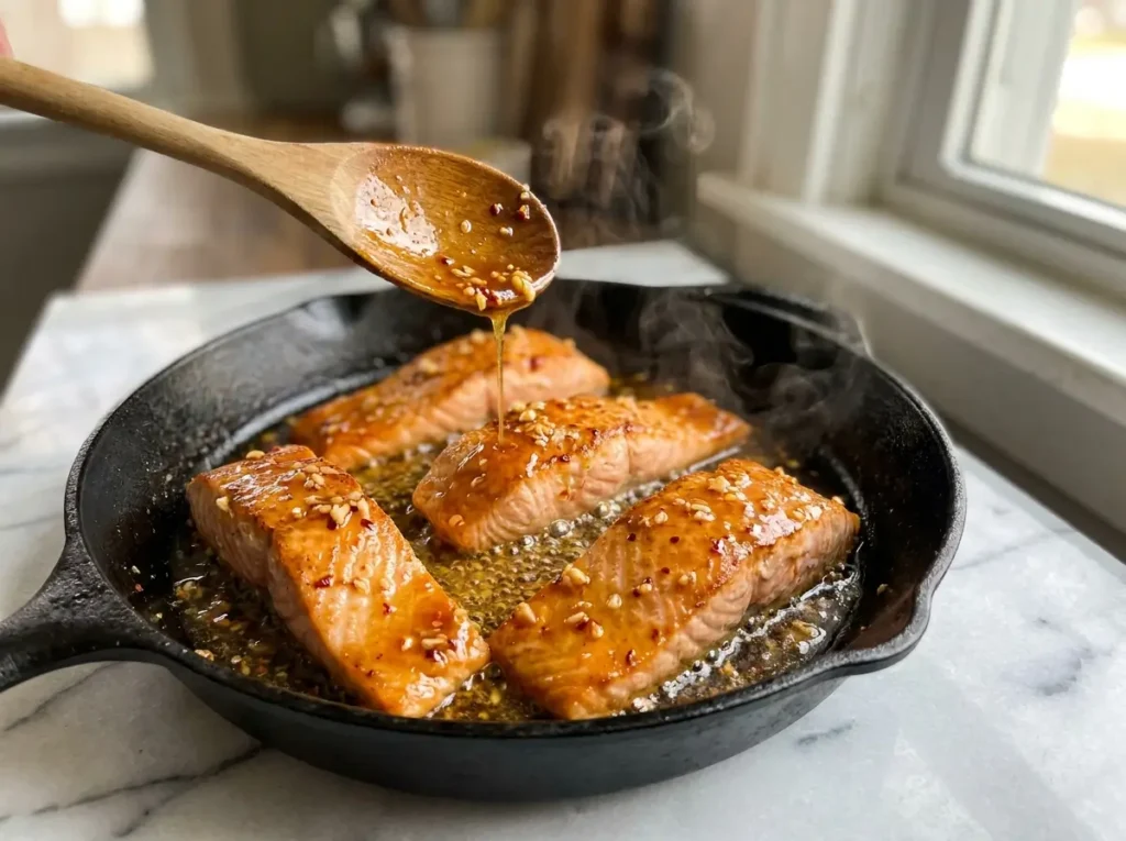 Salmon being basted with hot honey glaze in cast-iron skillet