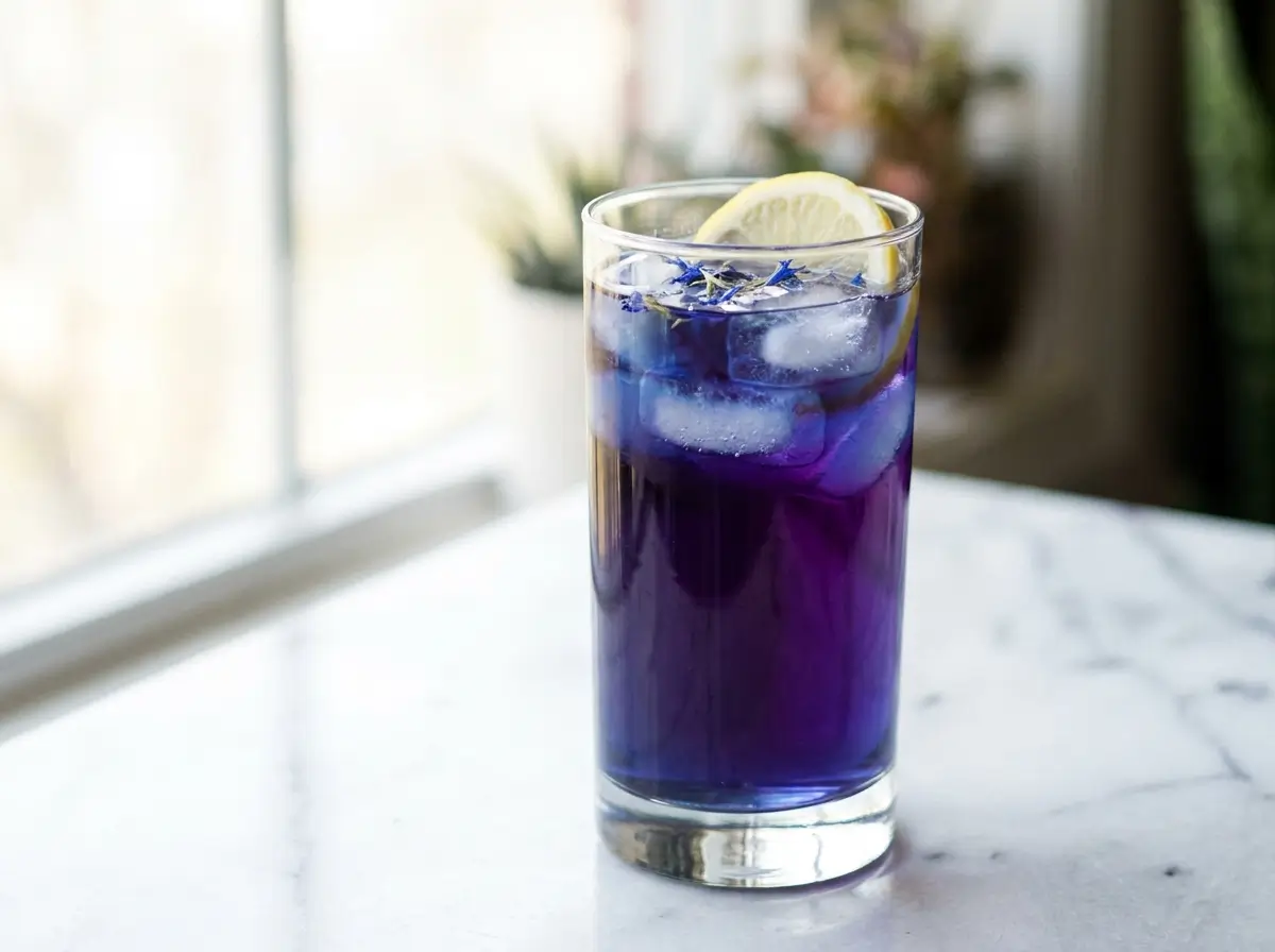 A tall glass of homemade lotus energy drink with blue-purple gradient and lemon slice on white marble
