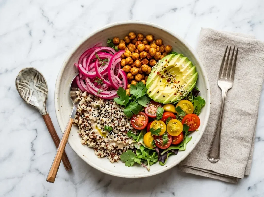 Grain bowl topped with quick pickled onions, avocado and chickpeas