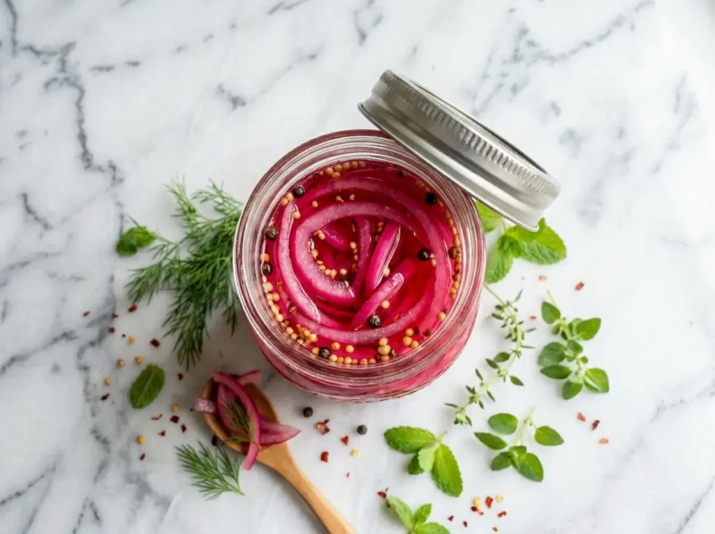 Quick pickled onions in a glass jar on white marble