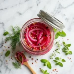 Quick pickled onions in a glass jar on white marble