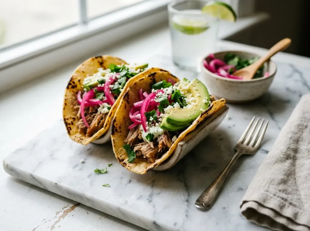 Quick pickled onions as taco topping with avocado and cilantro