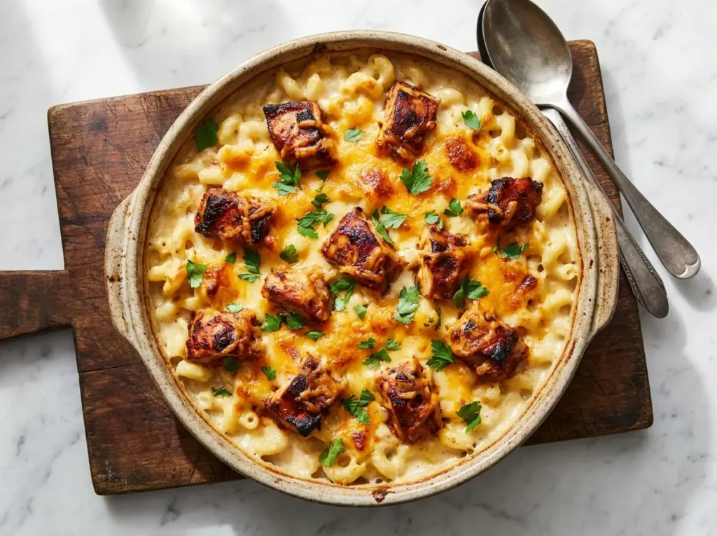 Creamy BBQ chicken mac and cheese in a rustic baking dish
