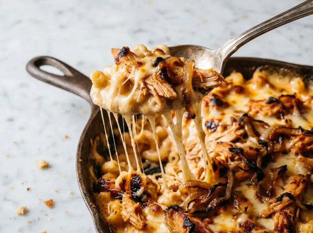 Spoonful of creamy BBQ chicken mac and cheese with stretchy melted cheese