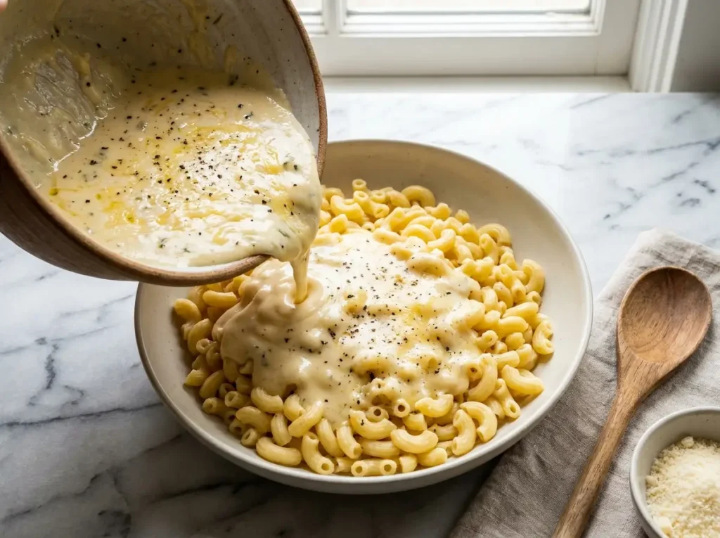 Cheese sauce being poured over elbow pasta for BBQ mac and cheese
