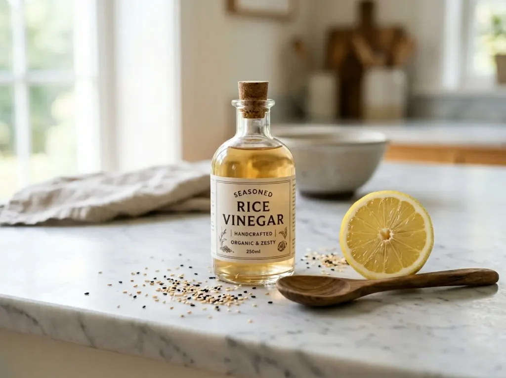 seasoned rice vinegar bottle on white marble with lemon and sesame seeds