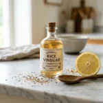 seasoned rice vinegar bottle on white marble with lemon and sesame seeds