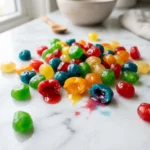 Colorful Gushers fruit snacks on a marble counter, checking if they have gelatin