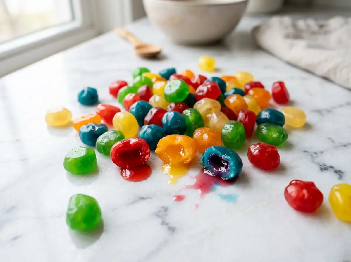 Colorful Gushers fruit snacks on a marble counter, checking if they have gelatin