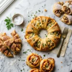 Easy crescent roll recipes including a stuffed ring, cinnamon twists and pizza roll-ups on a marble counter