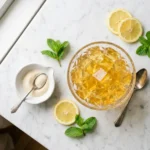 • Gelatin diet golden dessert cubes and gelatin powder on white marble with lemon and mint
