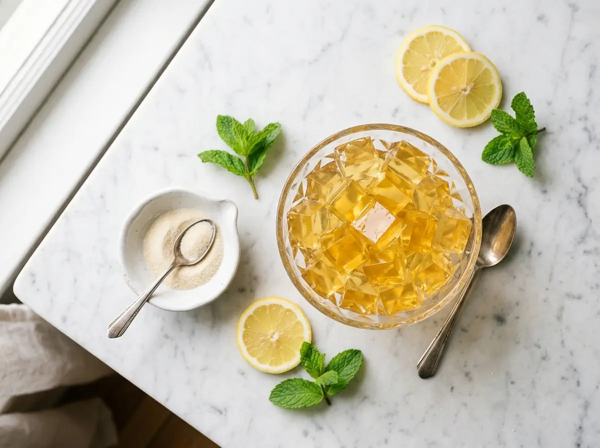 • Gelatin diet golden dessert cubes and gelatin powder on white marble with lemon and mint