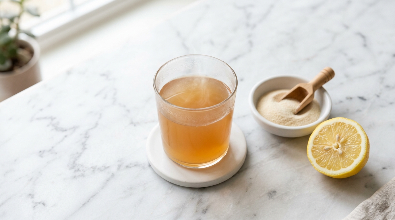 Horse gelatin trick for men pre-meal drink on marble counter