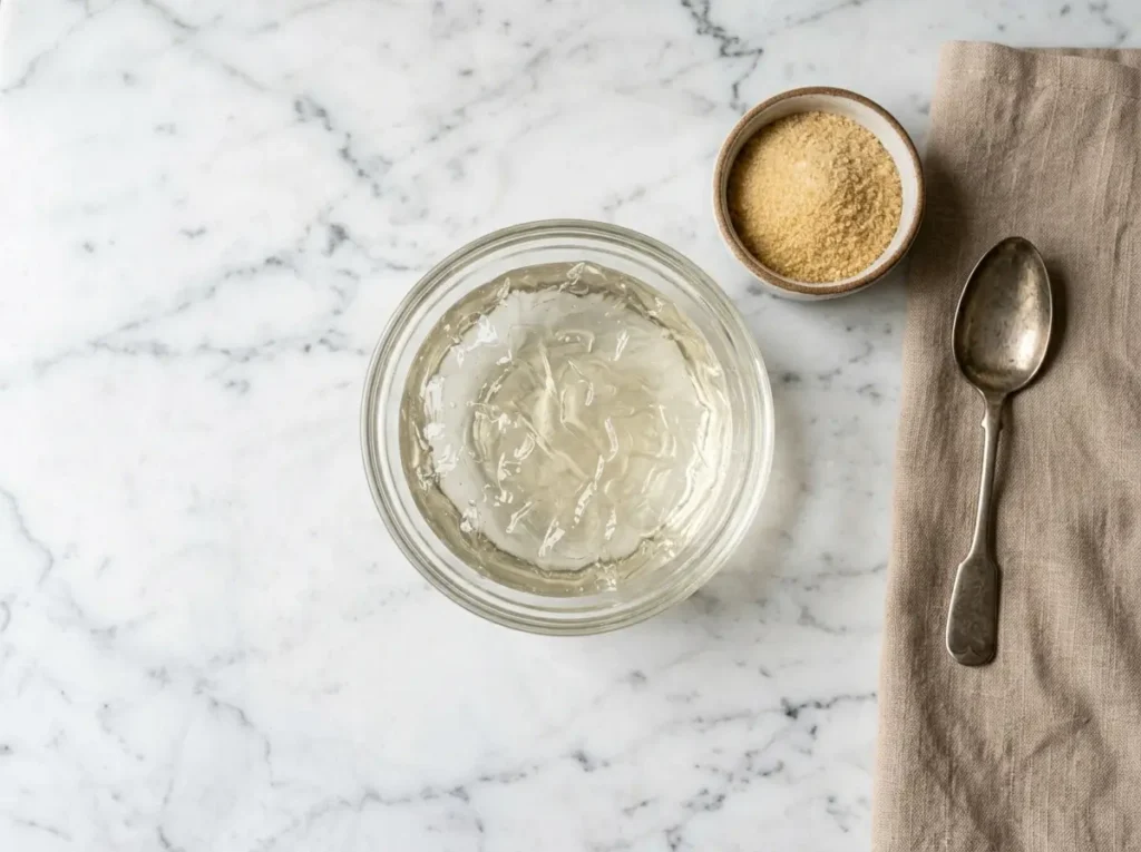 Bowl of properly bloomed gelatin with smooth wrinkled surface next to gelatin powder on Carrara marble