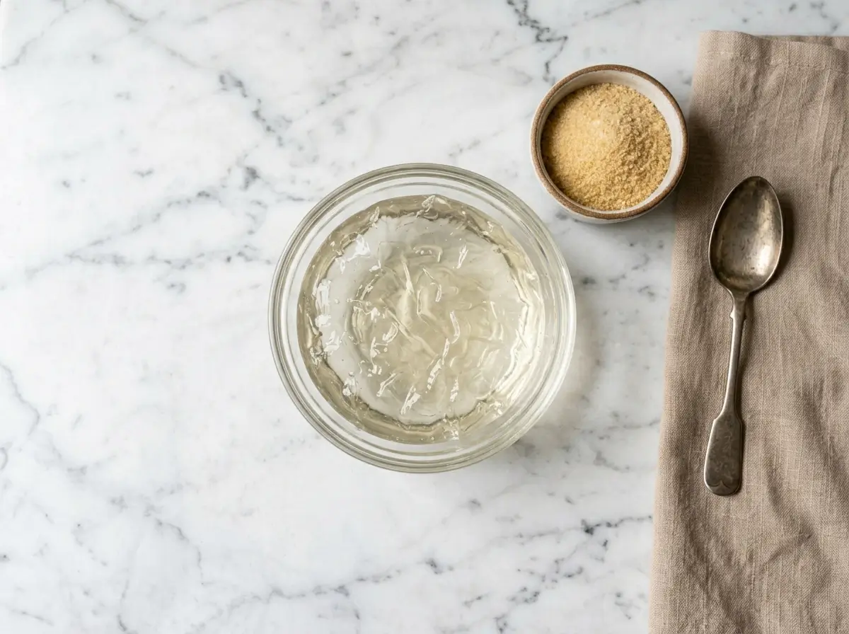 Bowl of properly bloomed gelatin with smooth wrinkled surface next to gelatin powder on Carrara marble