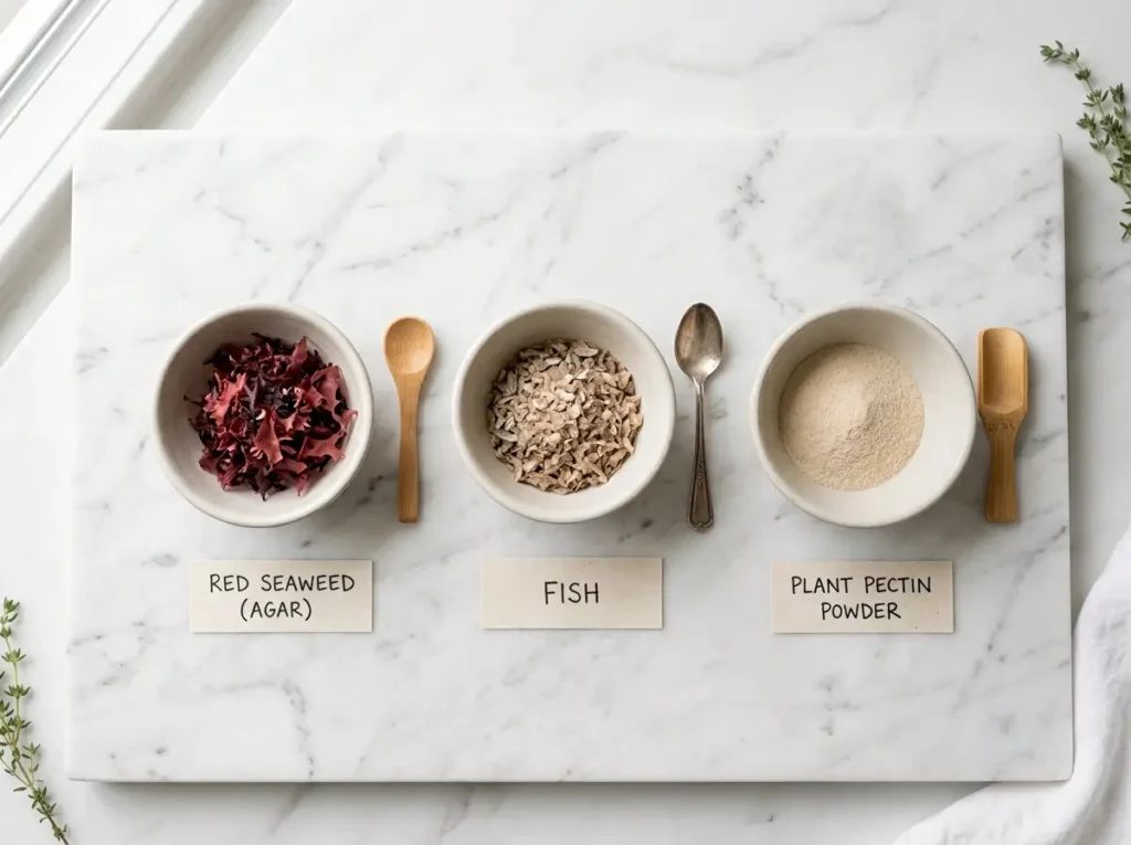 Halal gelatin sources fish and plant alternatives on marble