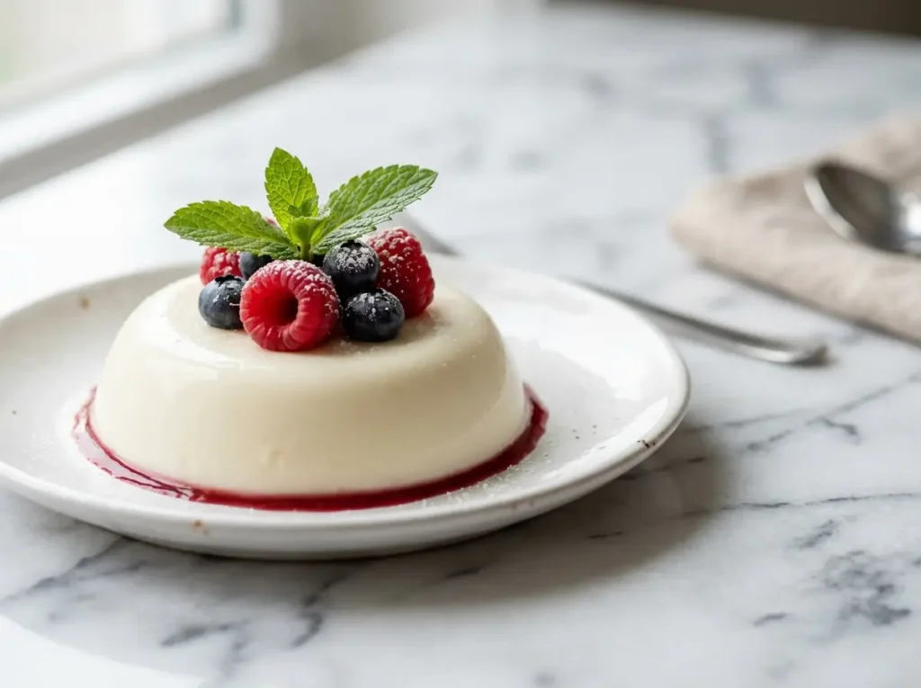 Knox gelatin panna cotta with fresh berries on white marble