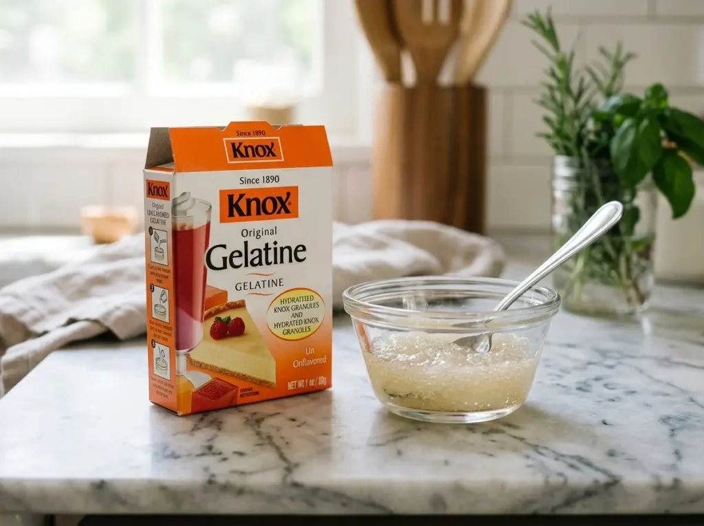 Knox unflavored gelatin box next to bloomed gelatin in a bowl