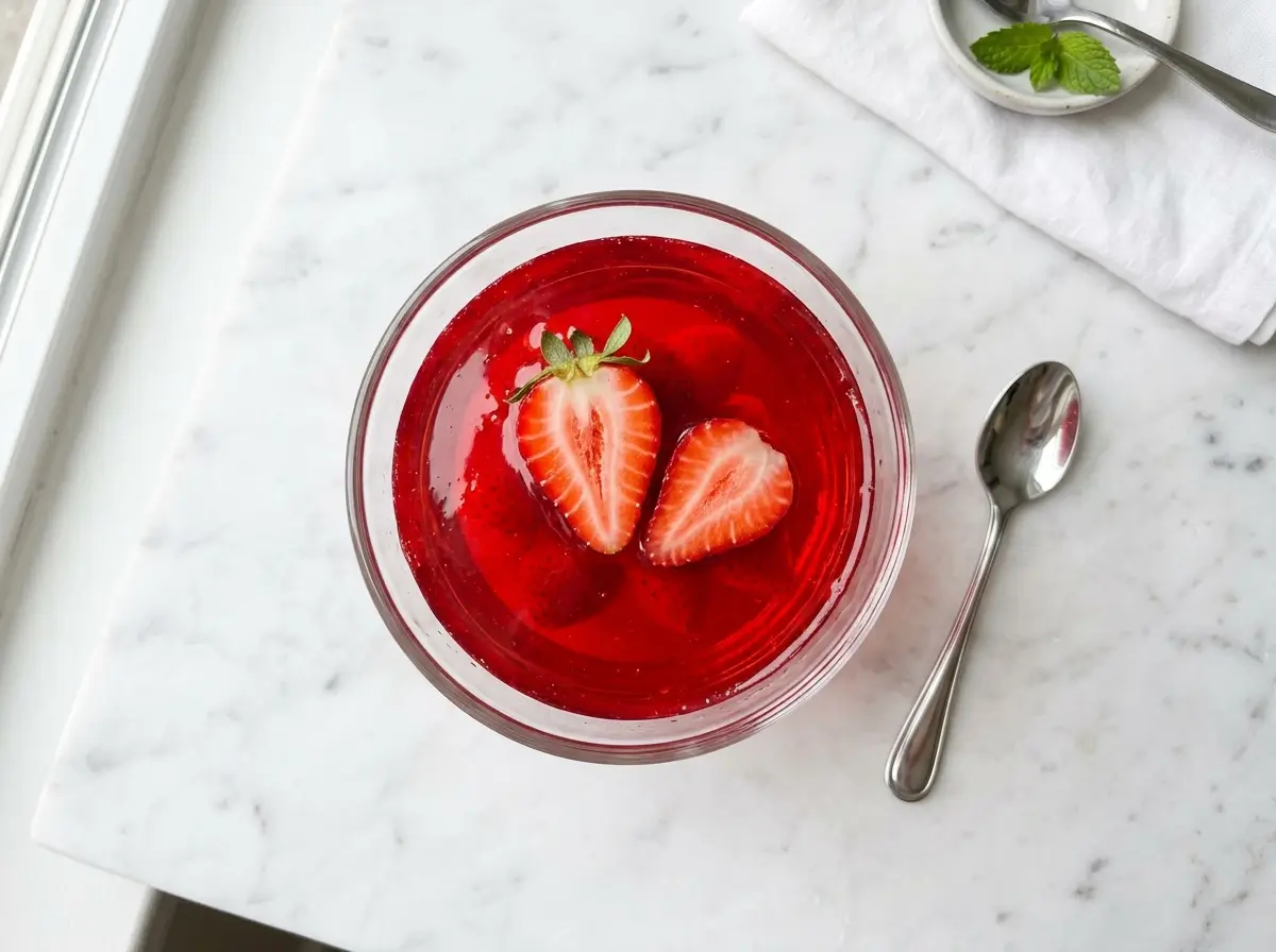 Easy strawberry gelatin dessert in a glass bowl garnished with fresh strawberries73 chars