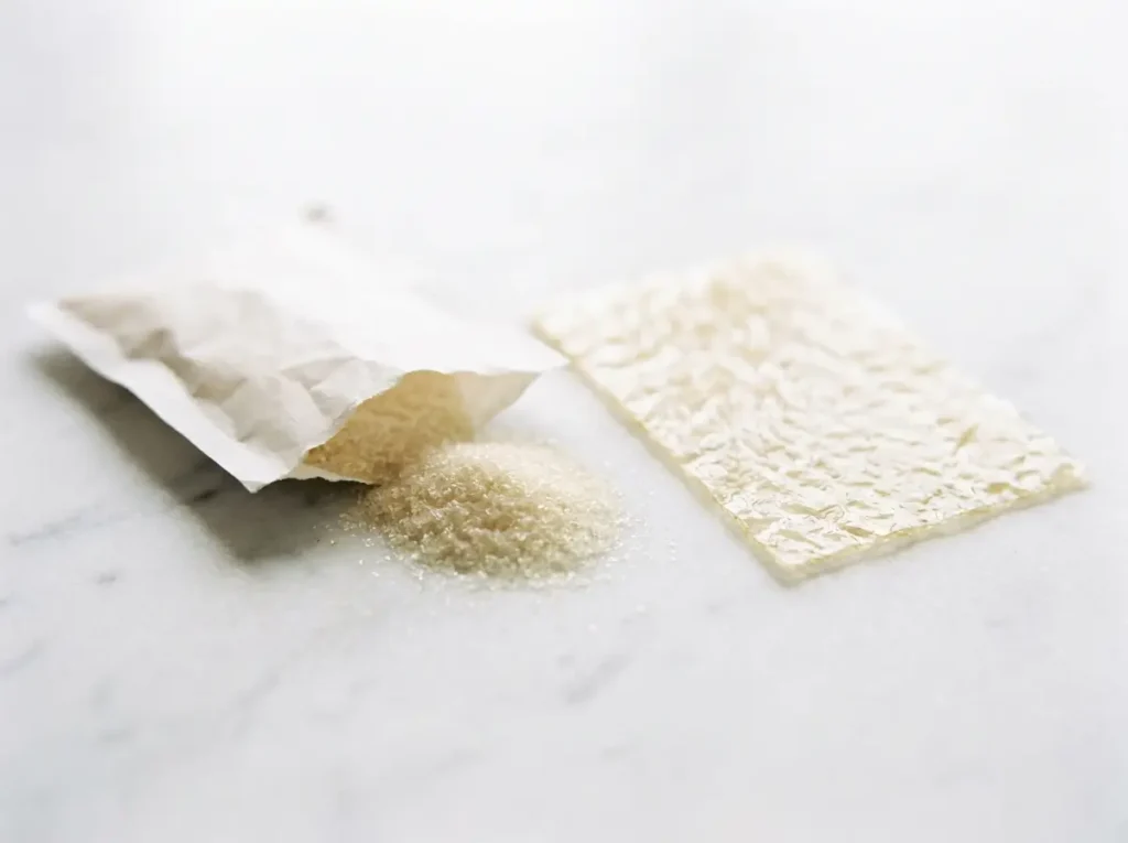 gelatin powder and sheet gelatin on white marble