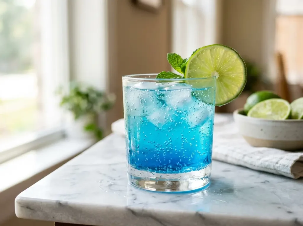 Blue lotus drink in a glass with lime on marble counter