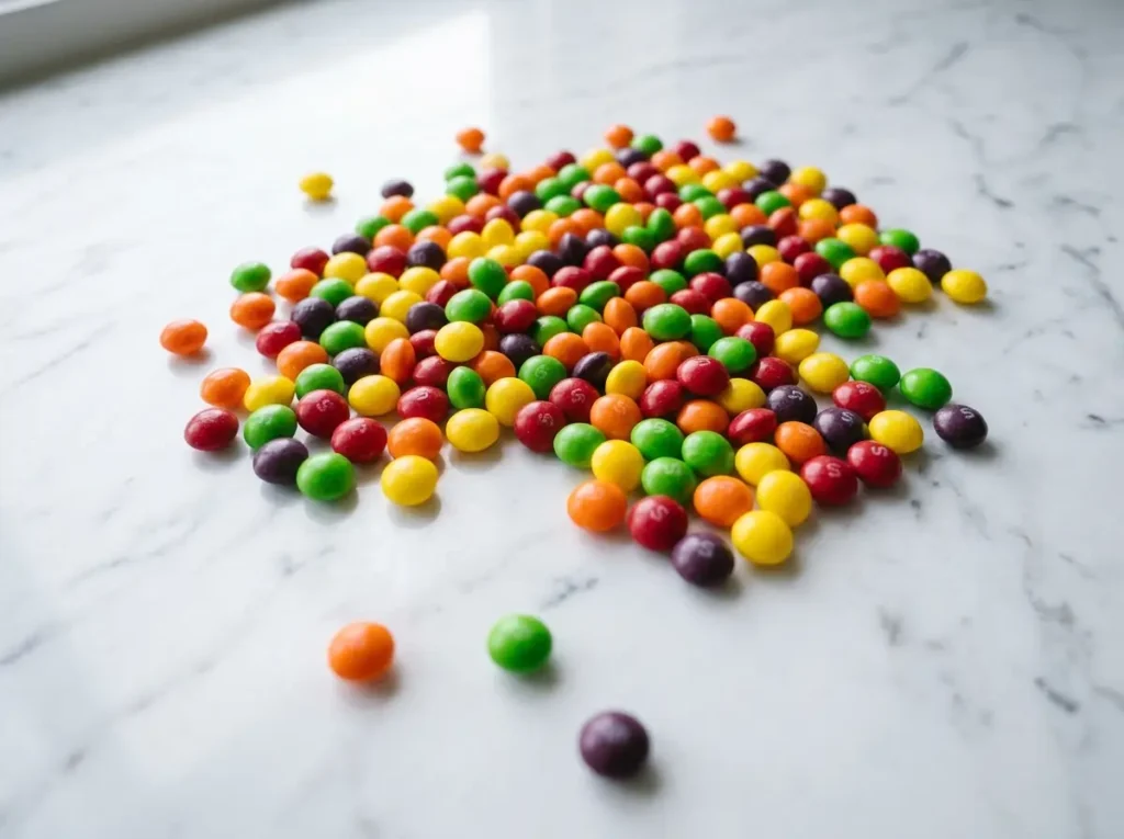 Colorful Skittles candy scattered on marble surface