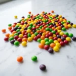 Colorful Skittles candy scattered on marble surface