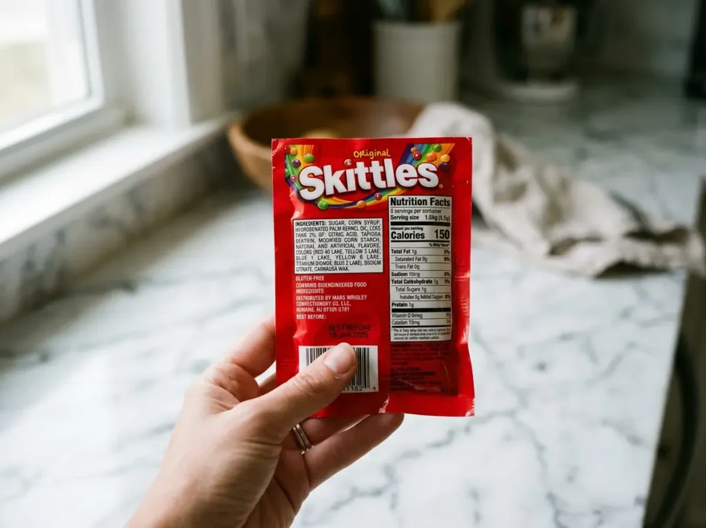 Checking Skittles ingredient label for gelatin