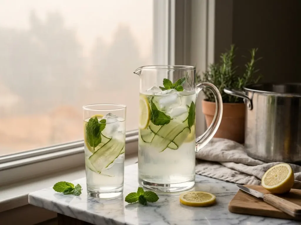 Cucumber-mint lemon water in a pitcher and glass on marble for a smoke day