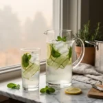 Cucumber-mint lemon water in a pitcher and glass on marble for a smoke day
