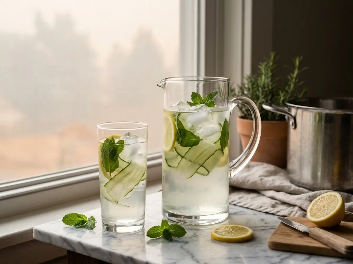 Cucumber-mint lemon water in a pitcher and glass on marble for a smoke day