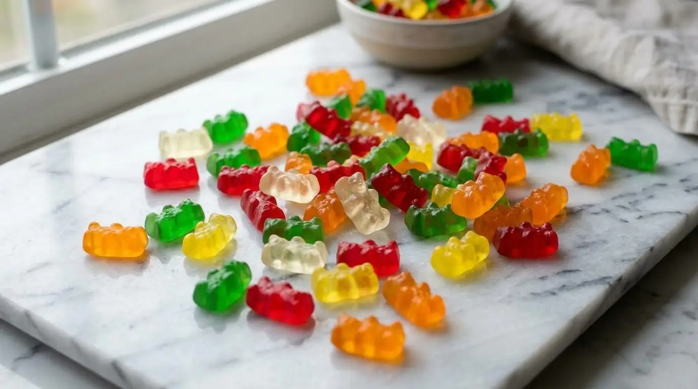 colorful Haribo Goldbears gummy bears on white marble