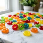 colorful Life Savers Gummies candy rings on white marble