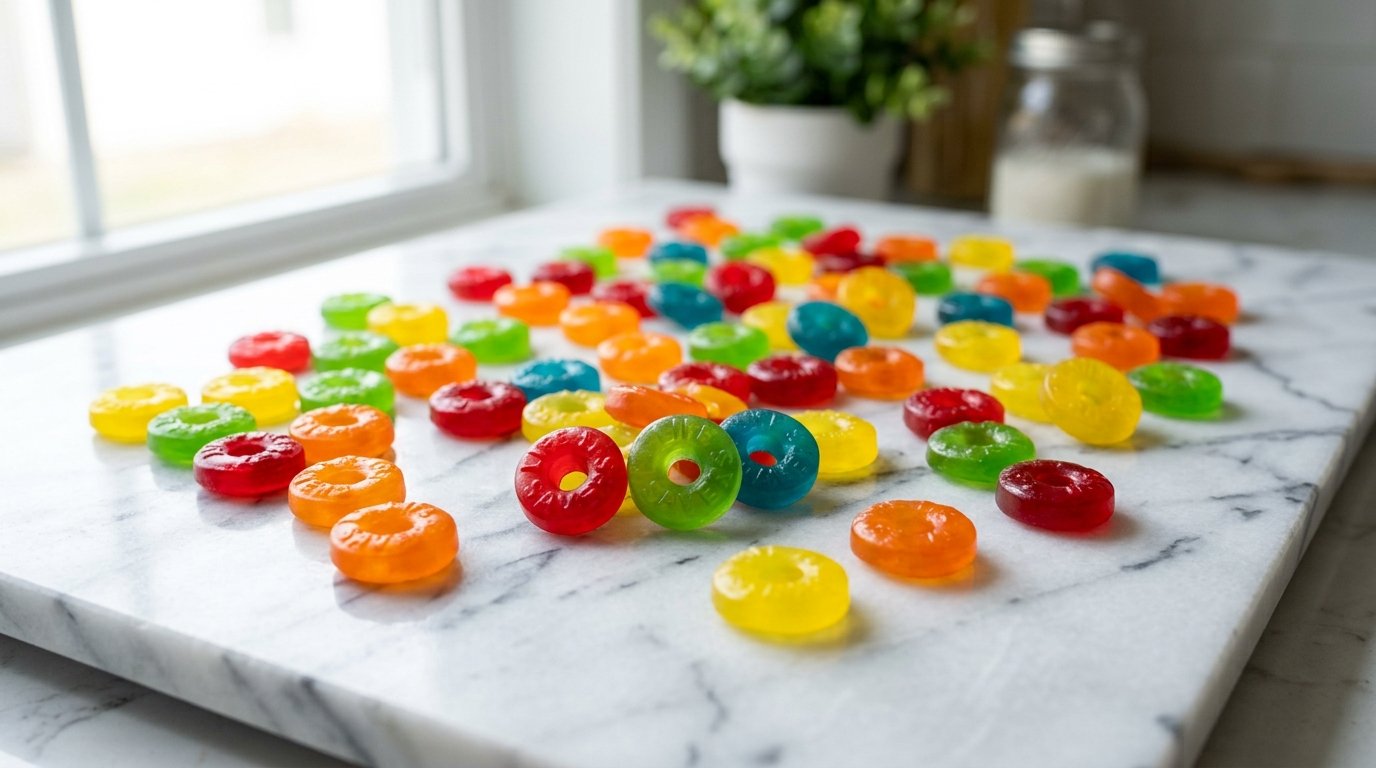 colorful Life Savers Gummies candy rings on white marble