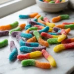 colorful Trolli sour gummy worms on white marble