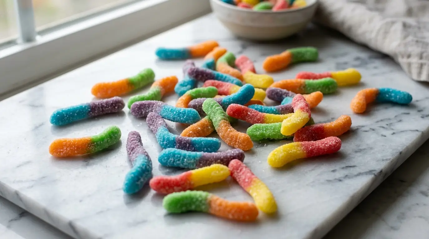 colorful Trolli sour gummy worms on white marble