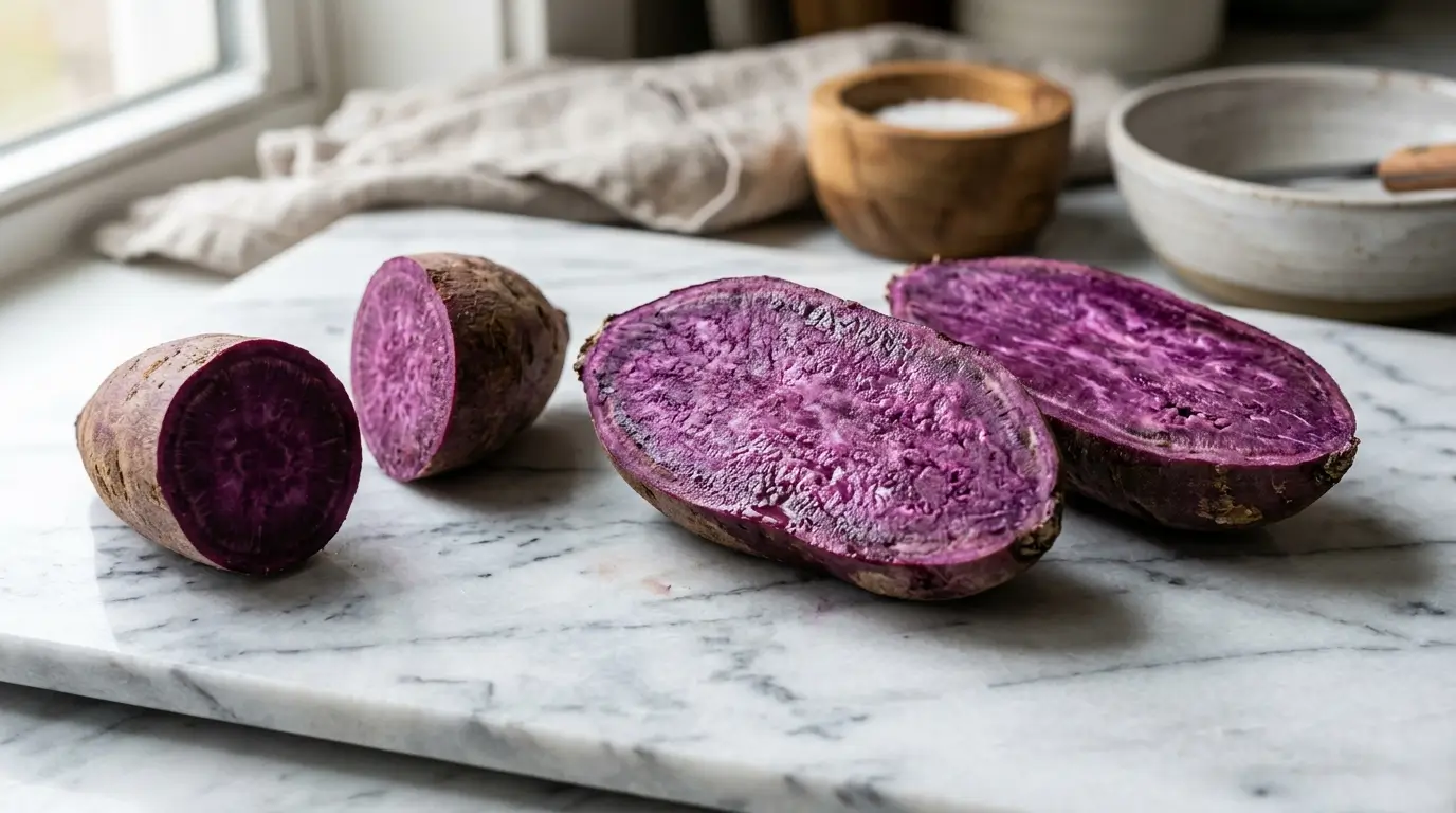 purple sweet potato sliced open showing vivid purple flesh on marble