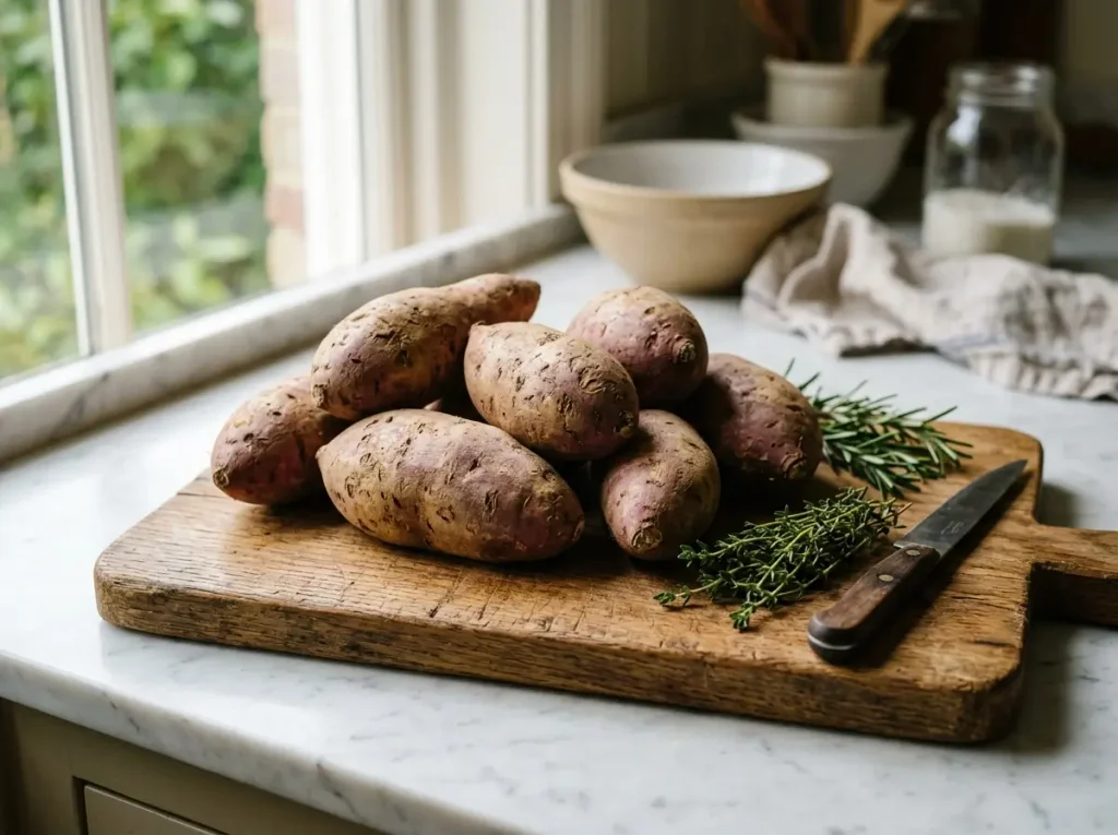 whole raw purple sweet potatoes with skin on wooden board