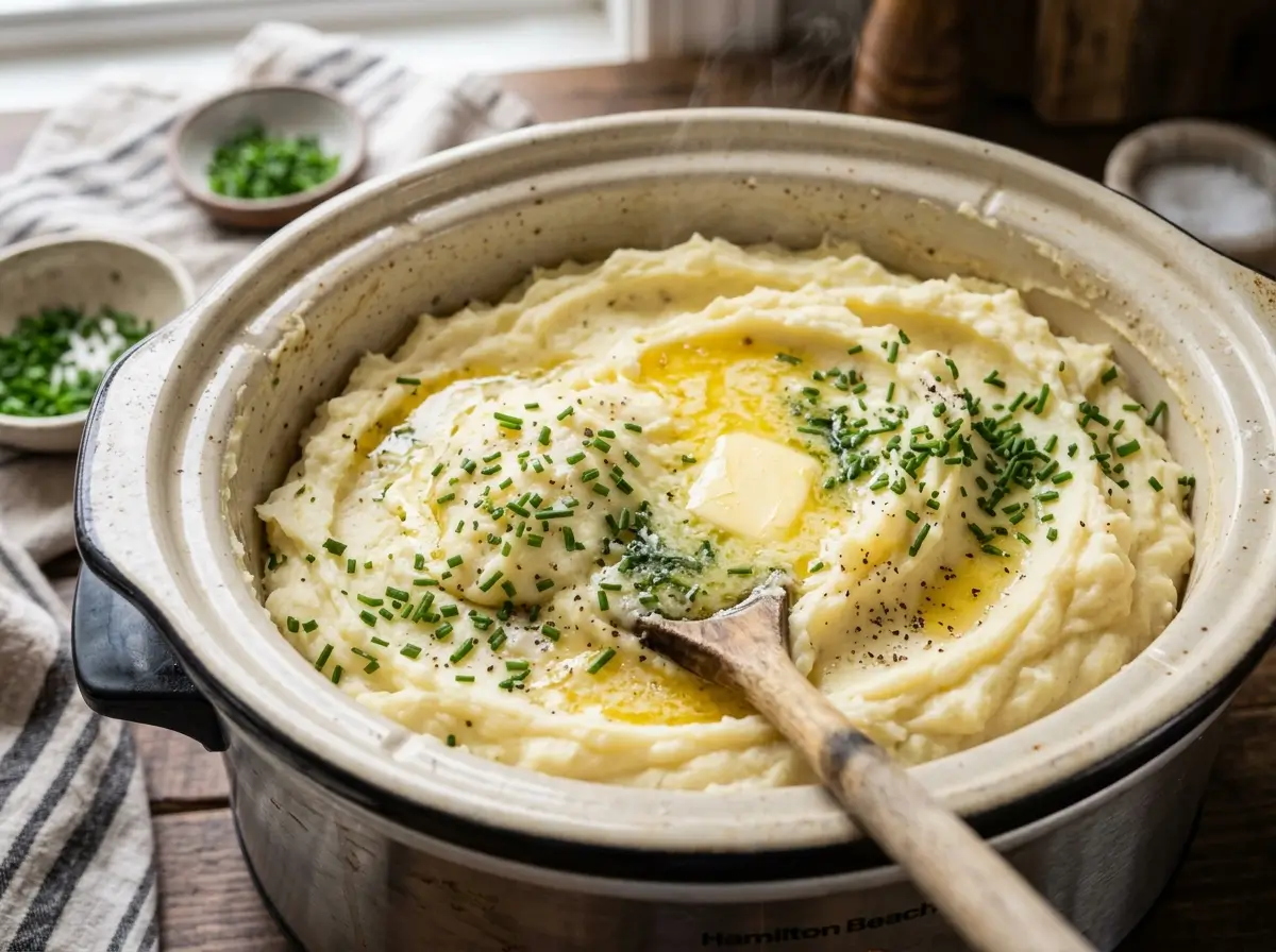 make ahead crockpot mashed potatoes in slow cooker with butter and chives