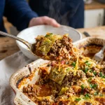 spoonful of unstuffed cabbage roll casserole showing layers