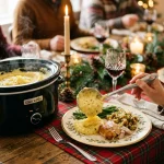 serving make ahead crockpot mashed potatoes at a holiday table