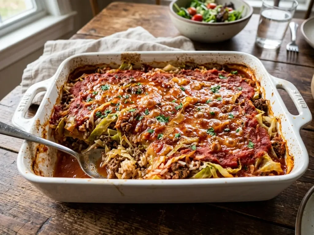 unstuffed cabbage roll casserole in white baking dish with bubbling tomato sauce