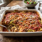unstuffed cabbage roll casserole in white baking dish with bubbling tomato sauce