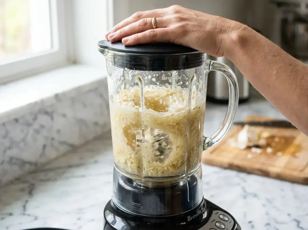 blending garlic and ginger for arterial flush recipe in glass blender